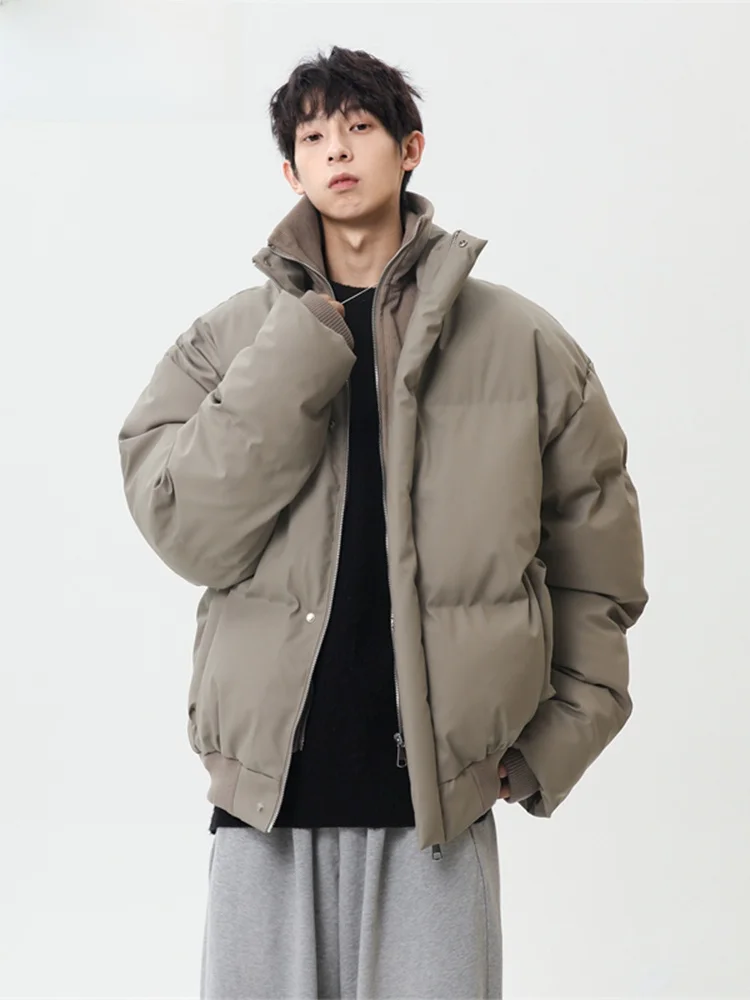 

Wassup Happy Men's Thiened Loose Fit Stand Collar PU Leather Cotton Jaet Winter Warm Faionable Casual Zipper Decoration