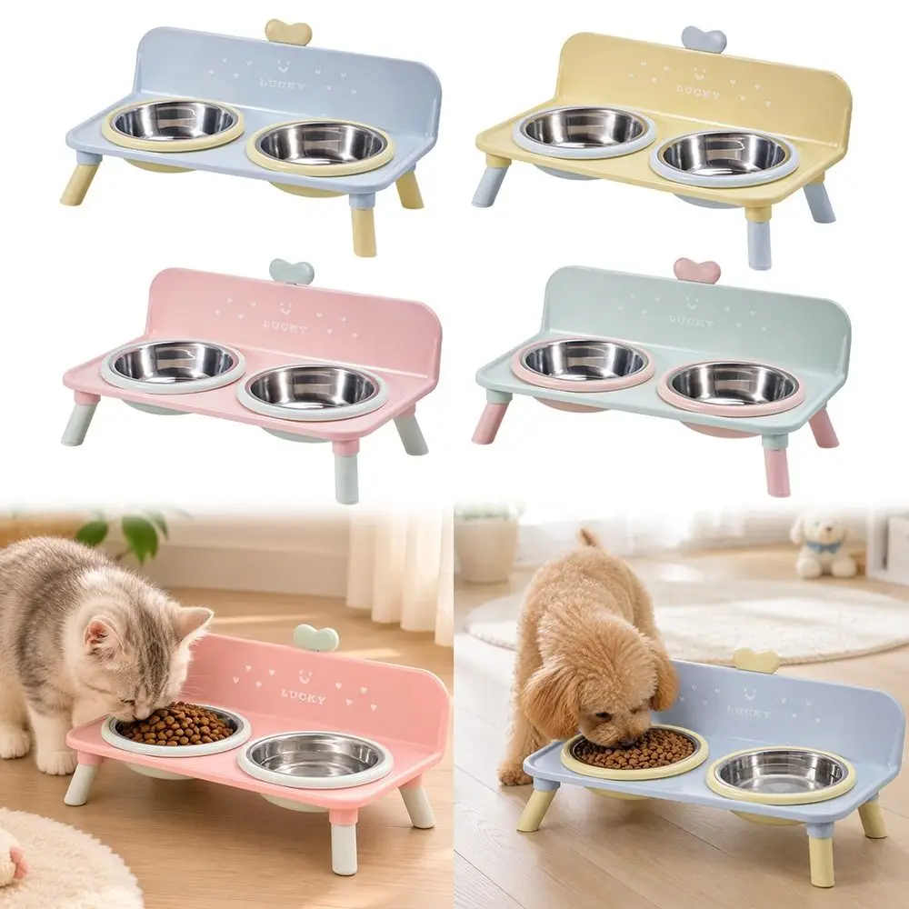 Stainless Steel Pet High-foot Bowl Anti-slip Love-heart Double Bowl Cat Bowl Neck Protection Splash-Proof Barrier Dog Water Bowl