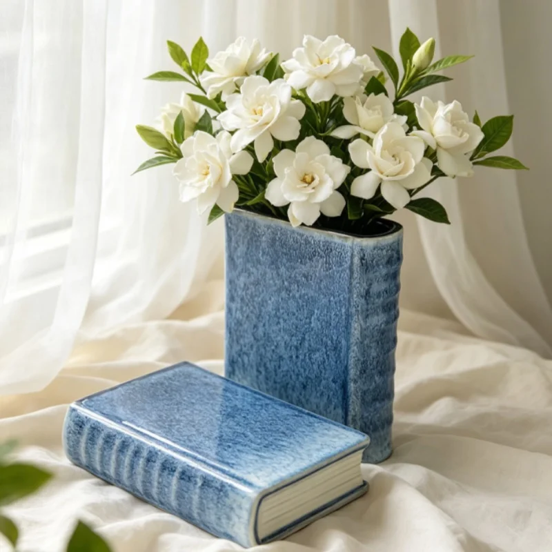 Ceramic Vase  Blue Flame Glaze Book-shaped Flower Vase Home Decoration for The Living Room Tabletop 3 Different Sizes