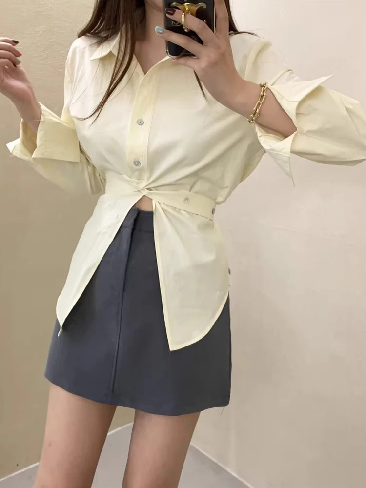 SuperAen 2024 Korean Chic Spring New Elegant Style Flip Collar Design Unique Tie Up Split Long Sleeved Shirt