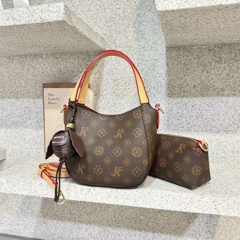 Women Retro Printed Handbag Set Mini Top Handle Shoulder Bag With Small Pouch Straw Tassel Charm Crossbody Purse