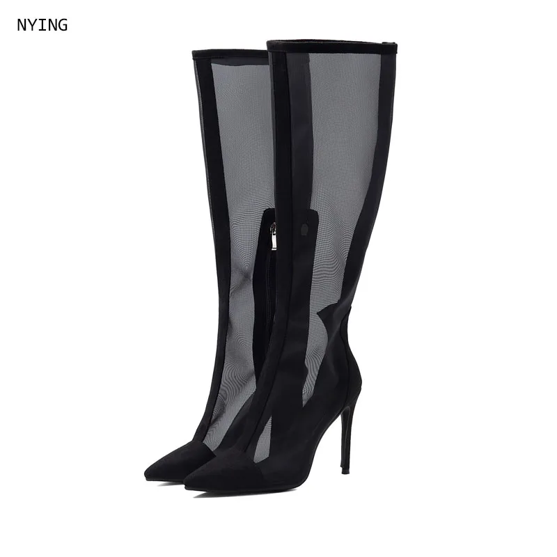 Women Black Mesh Knee High Boots Suede Trim Pointed Toe Side Zipper Thin Stiletto Heel Summer ClubBoots Plus Size 47
