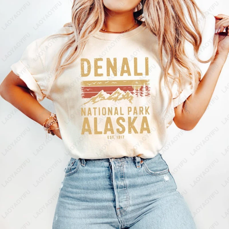 Denali National Park Alaska Mountain Tshirt Funny Camping Adventurer Lover Camisetas Gifts Men Women Vintage Unisex Adult Tees