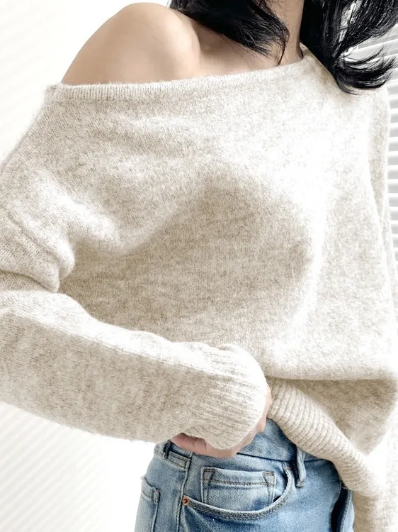 

Loose n Sle Women's Knitted Sweater oulder Bared Asymmetrical Open Ne Design Faionable Casual Polyester Fiber