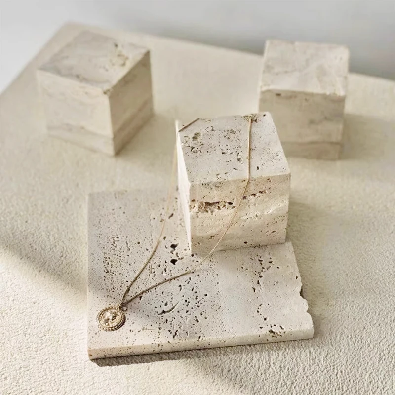 Natural Travertine Stone Vanity Tray, Multi-use Jewelry Holder Earring Display Coasters Decorative Cube Bookends Door Stopper