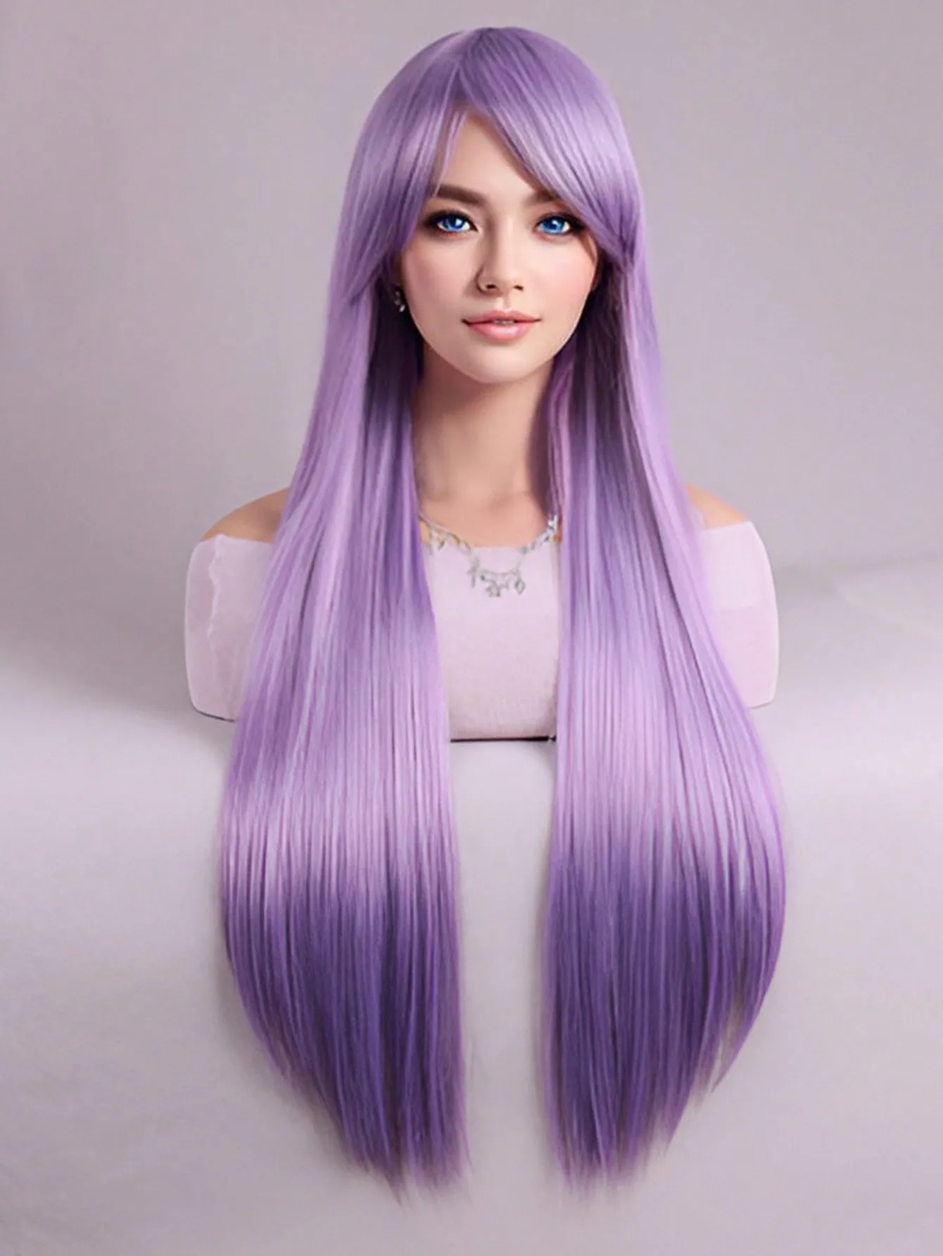 Wig Lavender Color Long Bangs Straight Hair Fashion Wig Full Head Set Suitable Heat Resistant Synthetic Hair Wigs For Party Use