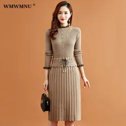 Fake Two Pieces Pretty Knitted Dress Women Korean Elegant Sweater Dresses Autumn Winter Midi Vestidos Slim Bottoming Elbise