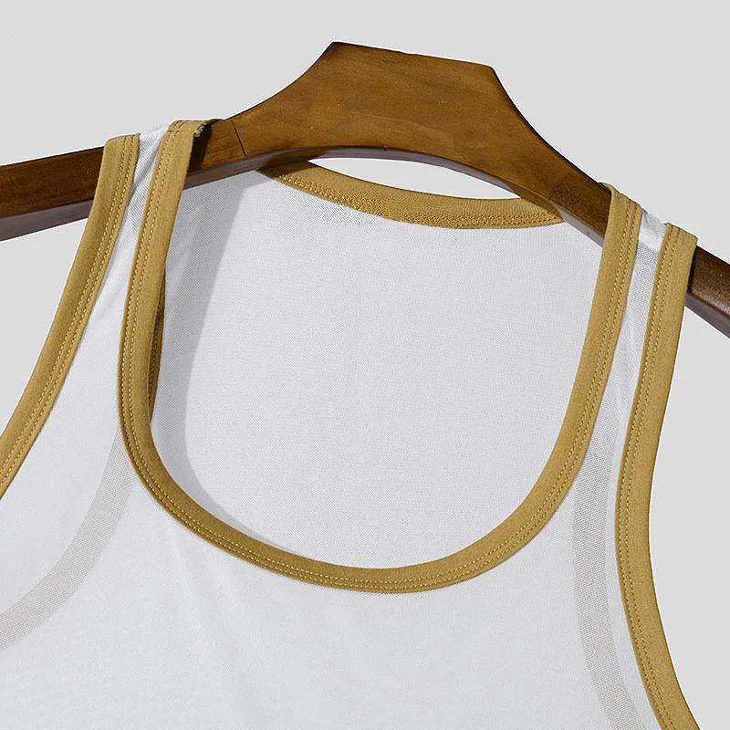 Neue Männer Mesh Tank Tops Sommer 2025, Clubwear Casual Weste U Neck Ärmellose Kontrast Farbe Fishnet T-shirt Komfortable Chic Tees – Detail 6