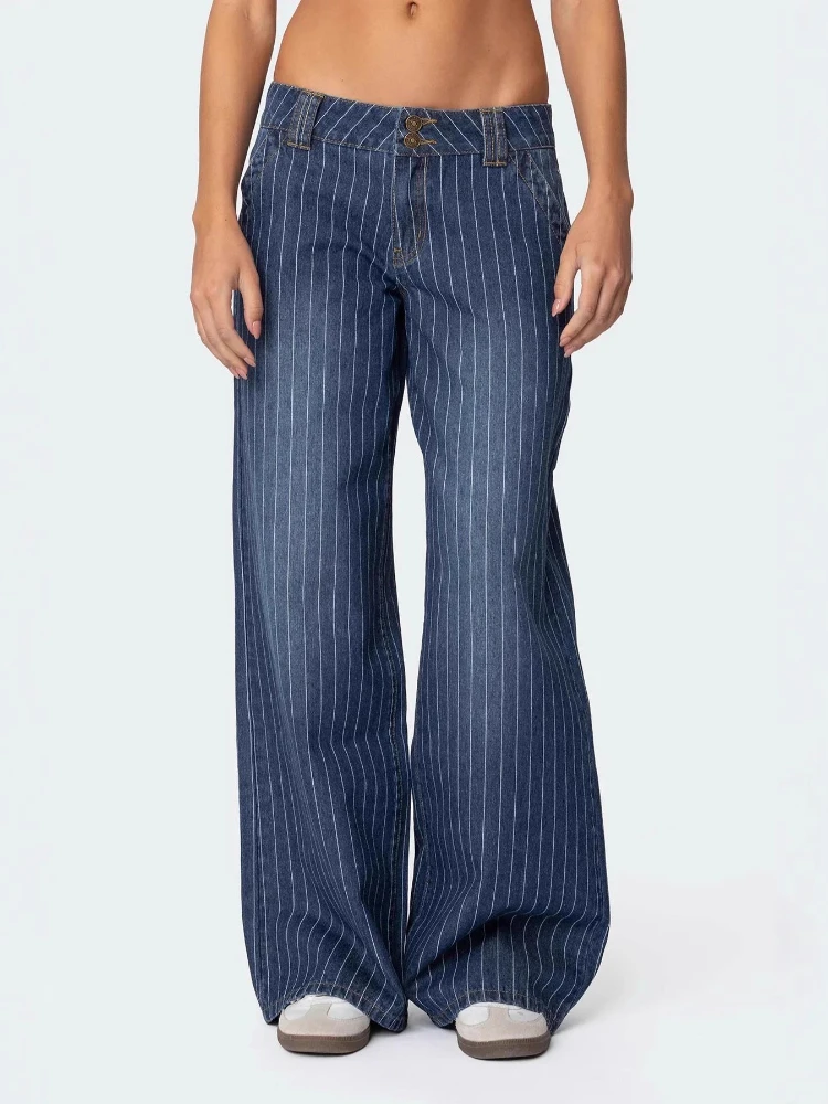 HOUZHOU Blue Striped Women Jeans Office Lady Solid Color American Vintage Straight Denim Pants Baggy High Waist Washed Trousers