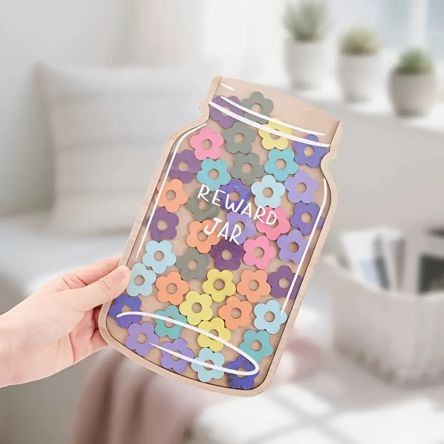 Star Reward Jar Set with 45 Star and Flower Chips Vibrant Floral Design Student Incentive Tool for Positive Behavior