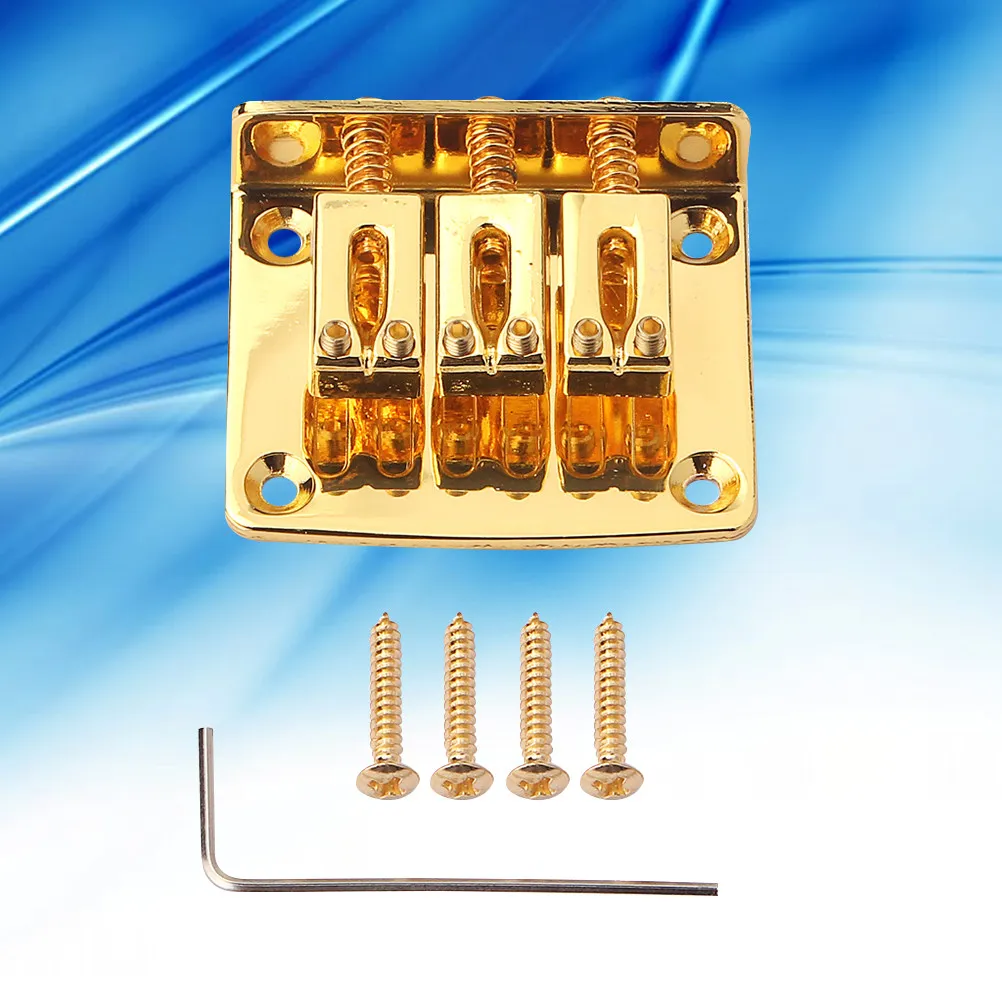 Three String Metal Guitar Bridge Gold Solid Adjustable Top Load Bass Bridge for Jazz Vintage Style with 4 Screws