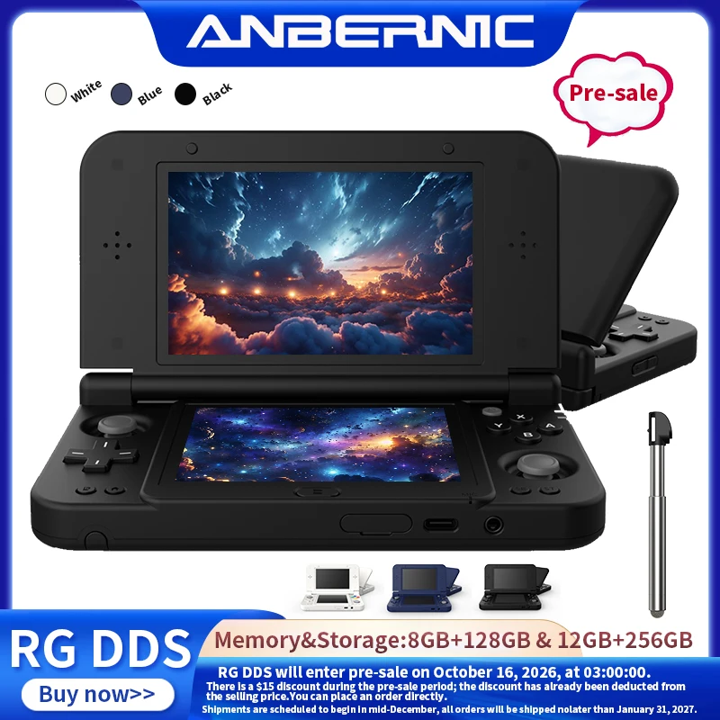 Anbernic RG DDS Retro Flip – przenośna konsola do gier, ekran IPS 4,7"/4", podwójna bateria 6000 mAh, system Android, 16 gier, obsługa asystenta AI i funkcji streamingowych.