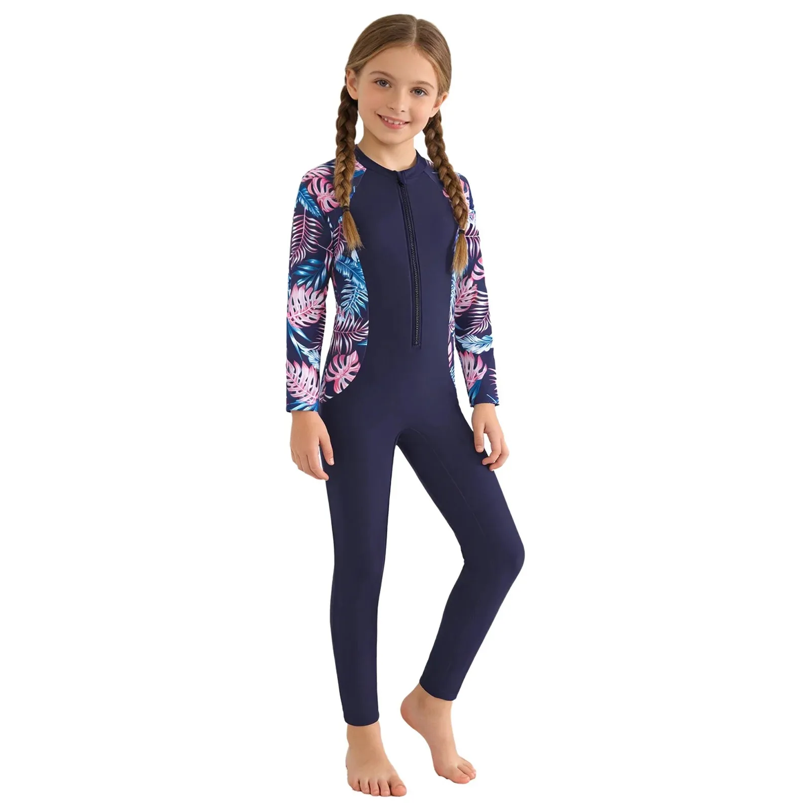 Girls One Piece Swimsuit Long-sleeve Long Pants Swimwear Jumpsuit for Surfing Diving Water Sports Bathing Beach Surfing Suit