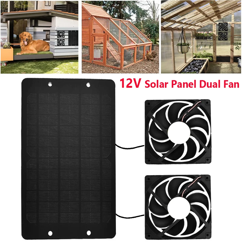 10W 12V Solar Exhaust Fan Air Extractor Ventilator Solar Panel Powered Dual Fan for Dog Chicken House Greenhouse RV Dropshipping