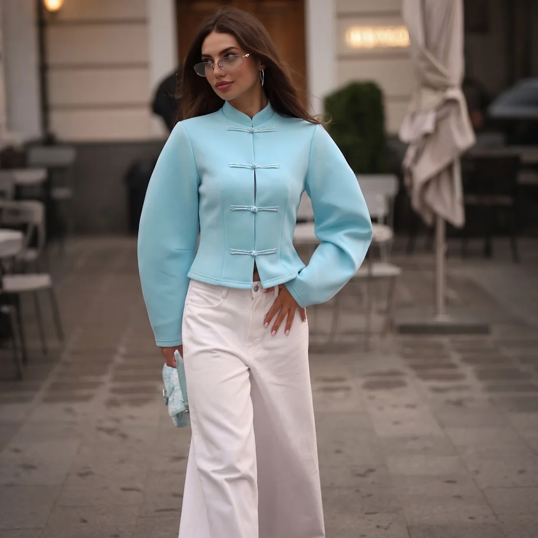 Solid Color Stand Up Collar Buckle Short Women's Jacket Elegant Waist Cinched Long Sleeved Jackets Trendy Autumn Office New Wear