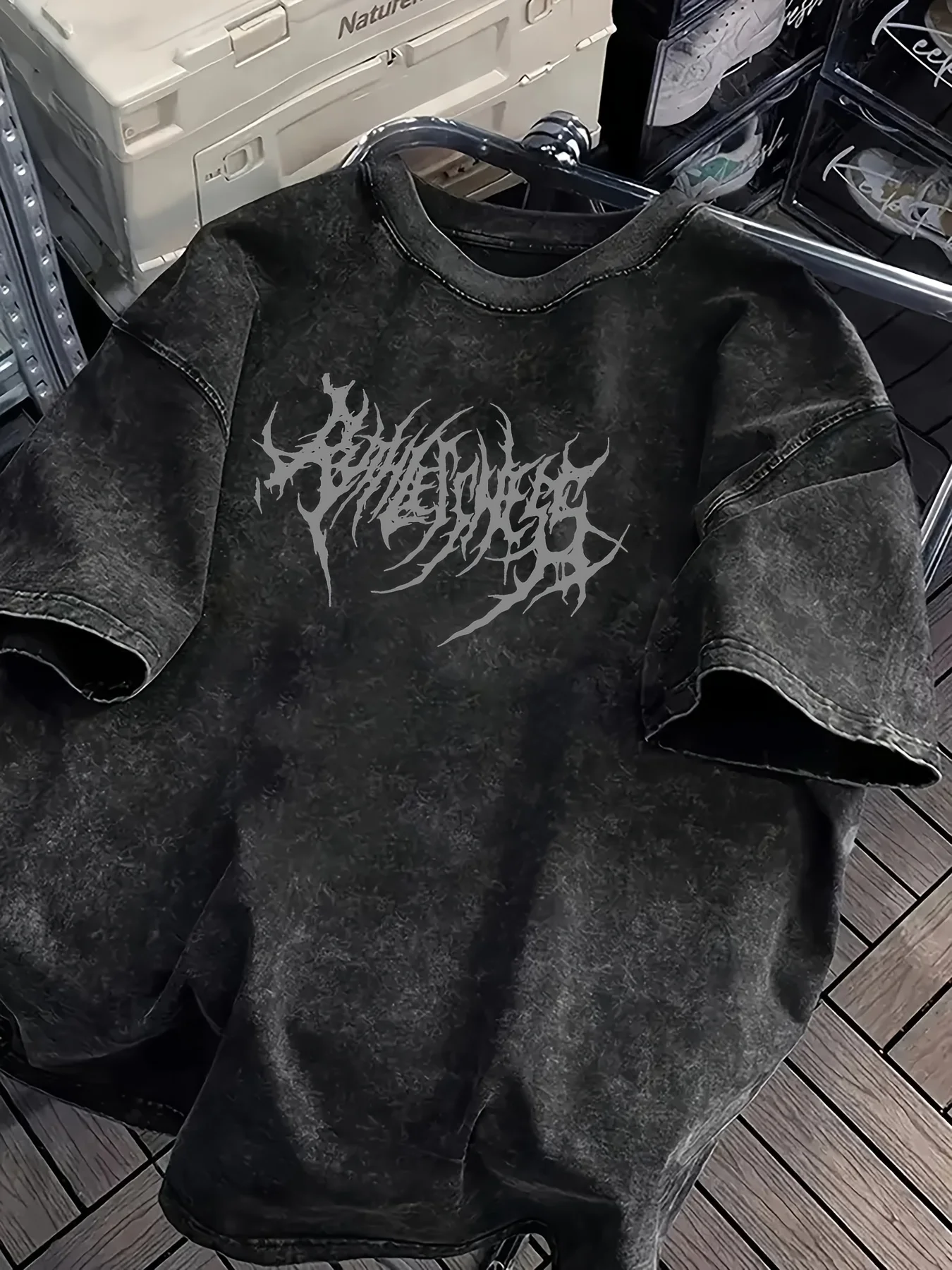 Vintage Acid Wash Powerfulness Gothic Metal Font Graphic T-Shirt Oversized Streetwear Casual Cotton Tops for Men Women