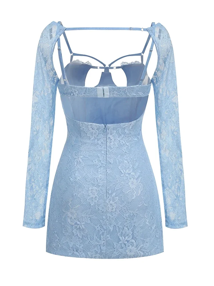 Sexy uitgesneden backless mini-jurk met lange mouwen, dames blauw kanten tie-up bodycon-jurken cocktailavond club partywear