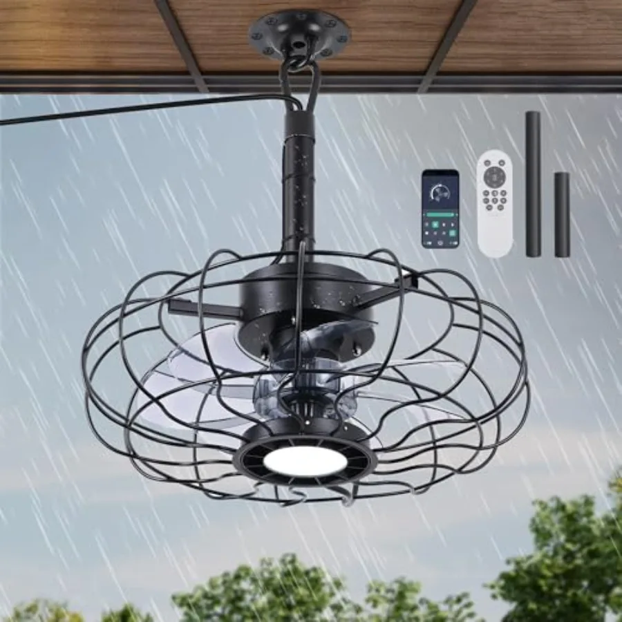 

15" Outdoor Ceiling Fans with Lights and Remote, Waterproof Gazebo Fan, Plug in Ceiling Fan with 3 Color LED Light, Portable Ha