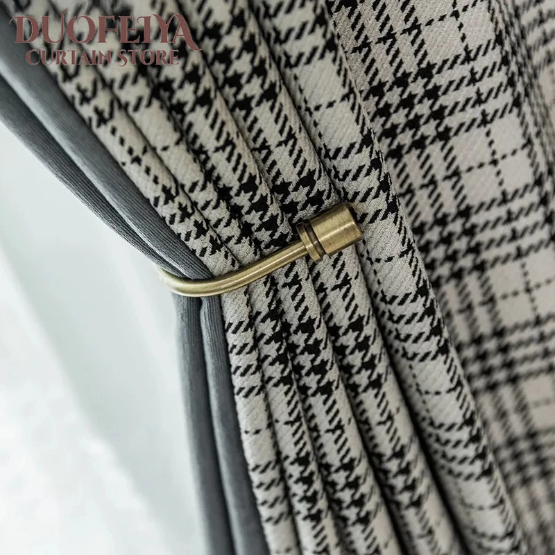French Splicing Checkered Houndstooth Luxury Curtains for Living Room Bedroom Dining Blackout Elegant White Tulle Jacquard Grey