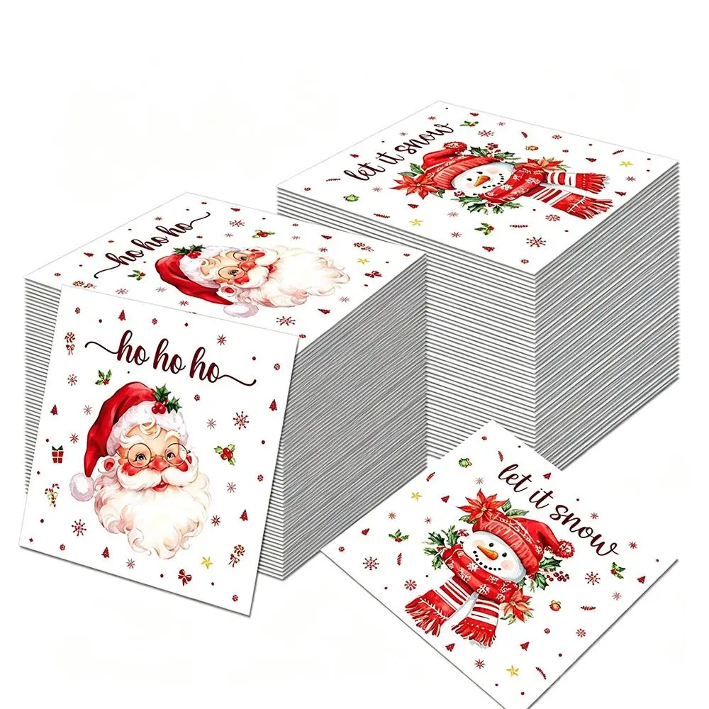 20Pcs Square Shape Christmas Paper Napkins Paper Christmas Tree Printed Paper Napkins Santa Snowman Holiday Table Napkins