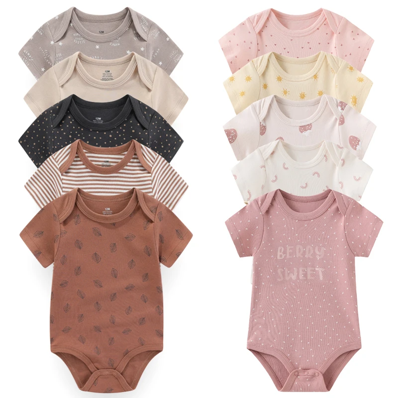 5PCS Cotton Unisex Bodysuits Newborn Baby Girl Clothes Short Sleeve Summer Print Baby Boy Clothes Set Solid Color Bebes