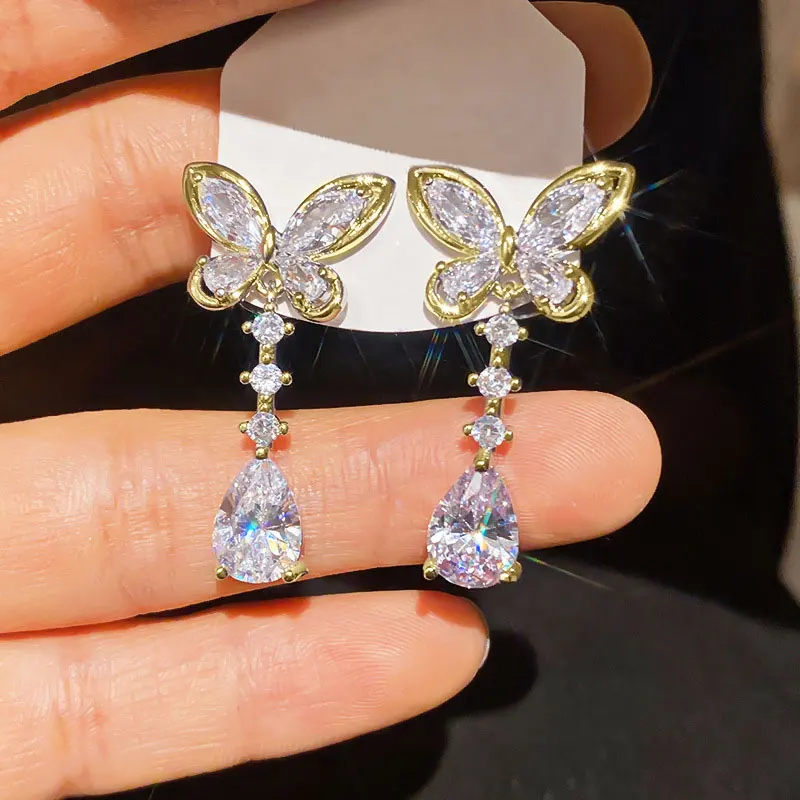 OXTAO Light Luxury Waterdrop Earrings Moissanite&Cubic Zirconia Butterfly Earrings 14K Gold Filled for Women Girl Party Jewelry view 2