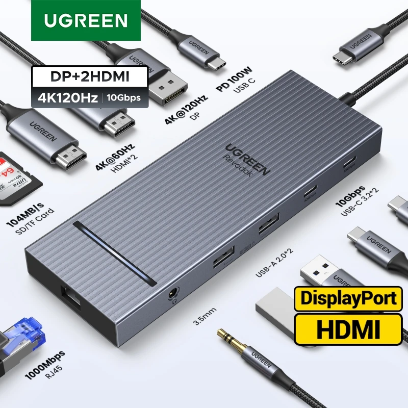 UGREEN 12-in-1 USB HUB Type-C to 2HDMI 4K120Hz DP USB3.2 10Gbps SD/TF RJ45 PD100W for MacBook Dell HP Laptop Accessories Docking