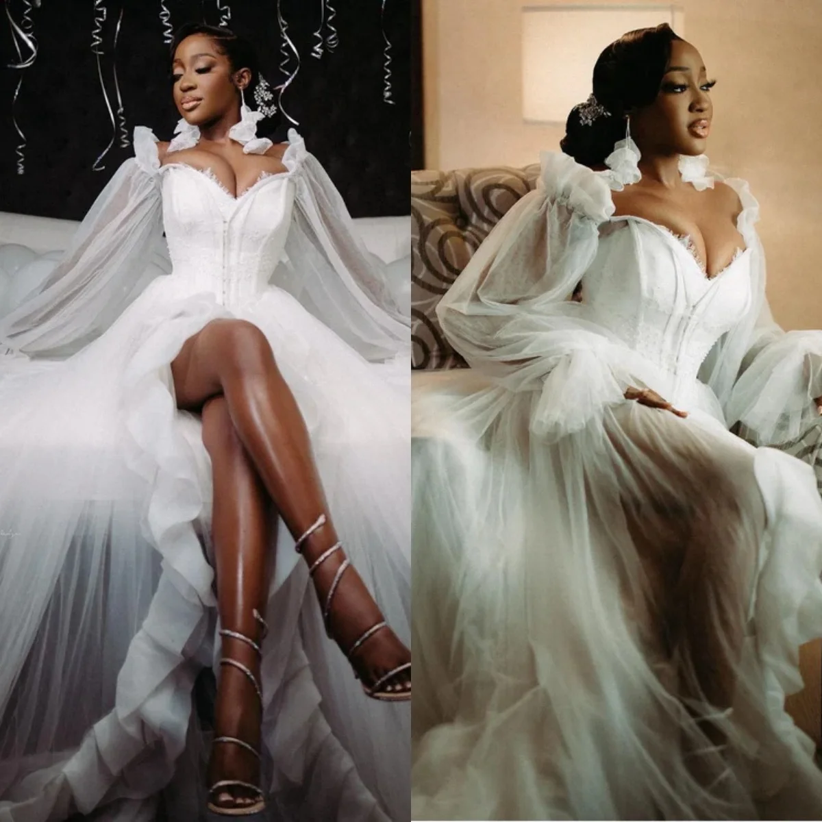 

Long Sleeve Bride Robes for Wedding Lace African Customized Front Split Bridal Shower Sleepwear Dresses