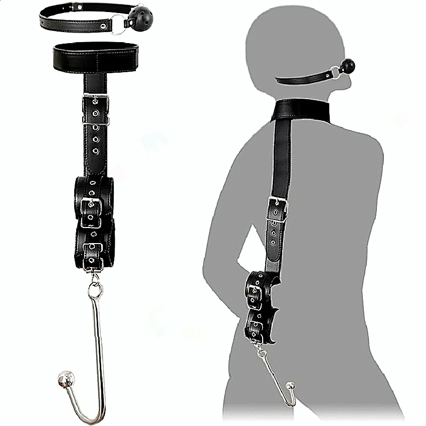 Anal Hook With Backhand Buttonhole Design Combines Metal Rear Plug With Bondage Tail And Handcuffs Mouth Gag For BDSM Play