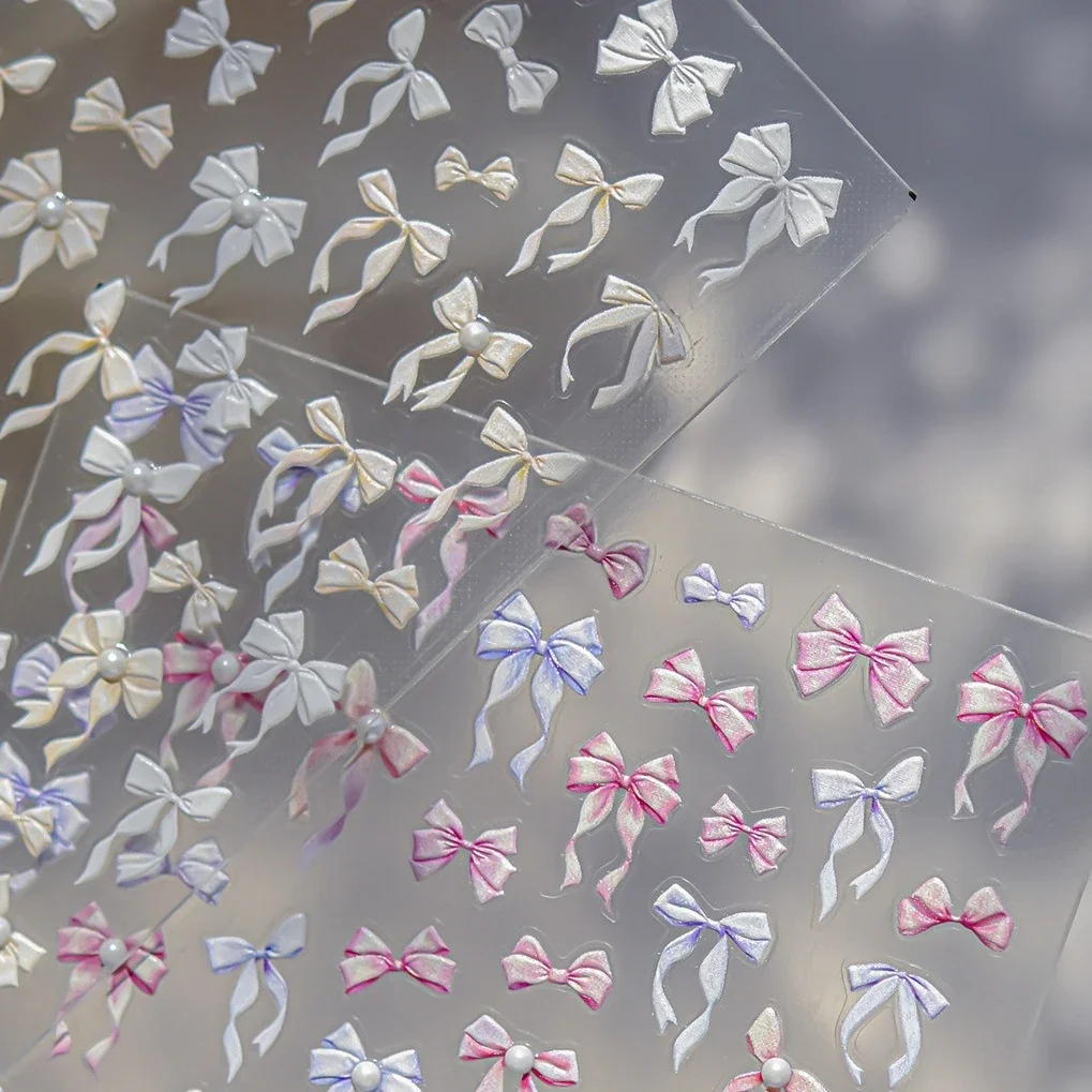 귀여운 진주 실크 리본 리본매듭 레이스 핑크 퍼플 화이트 옐로우 나비넥타이 엠보싱 5D 셀프 접착 네일아트 스티커 매니큐어 데칼