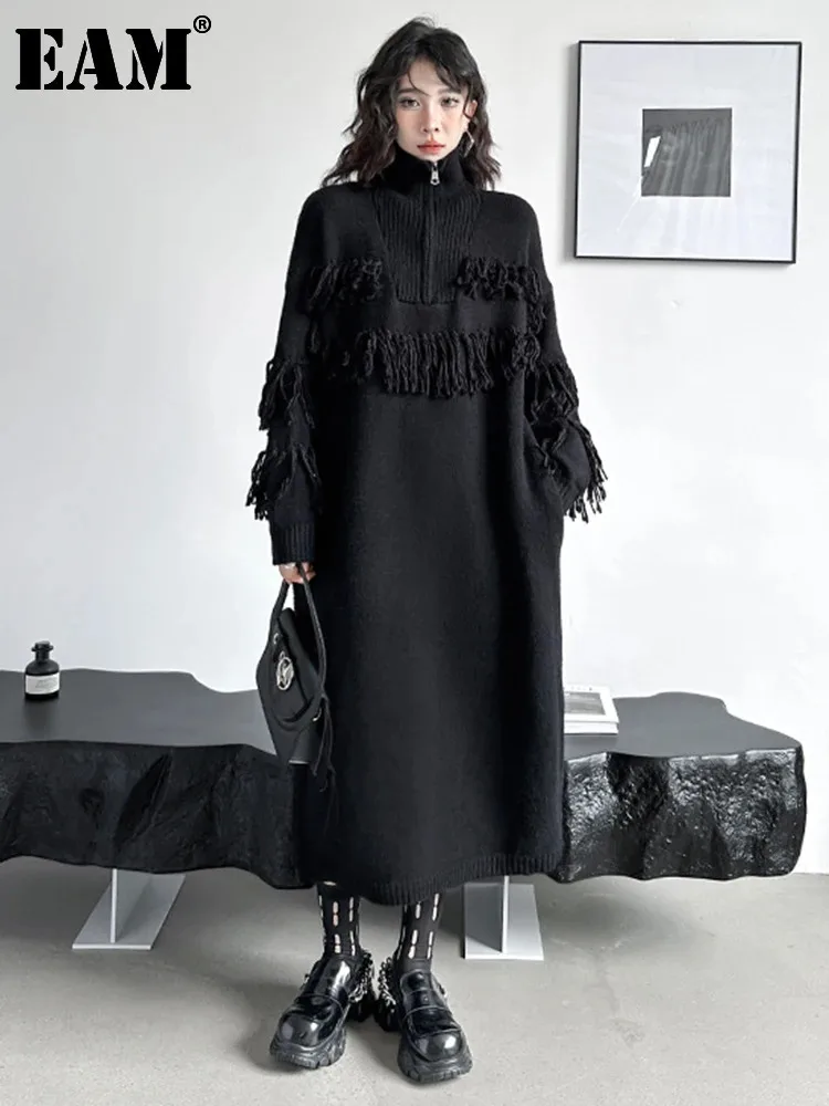 

[EAM] Women Black Tassels Knitting Big Size Midi Dress New Turtleneck Long Sleeve Loose Fit Fashion Spring Autumn 2024 1DH1601