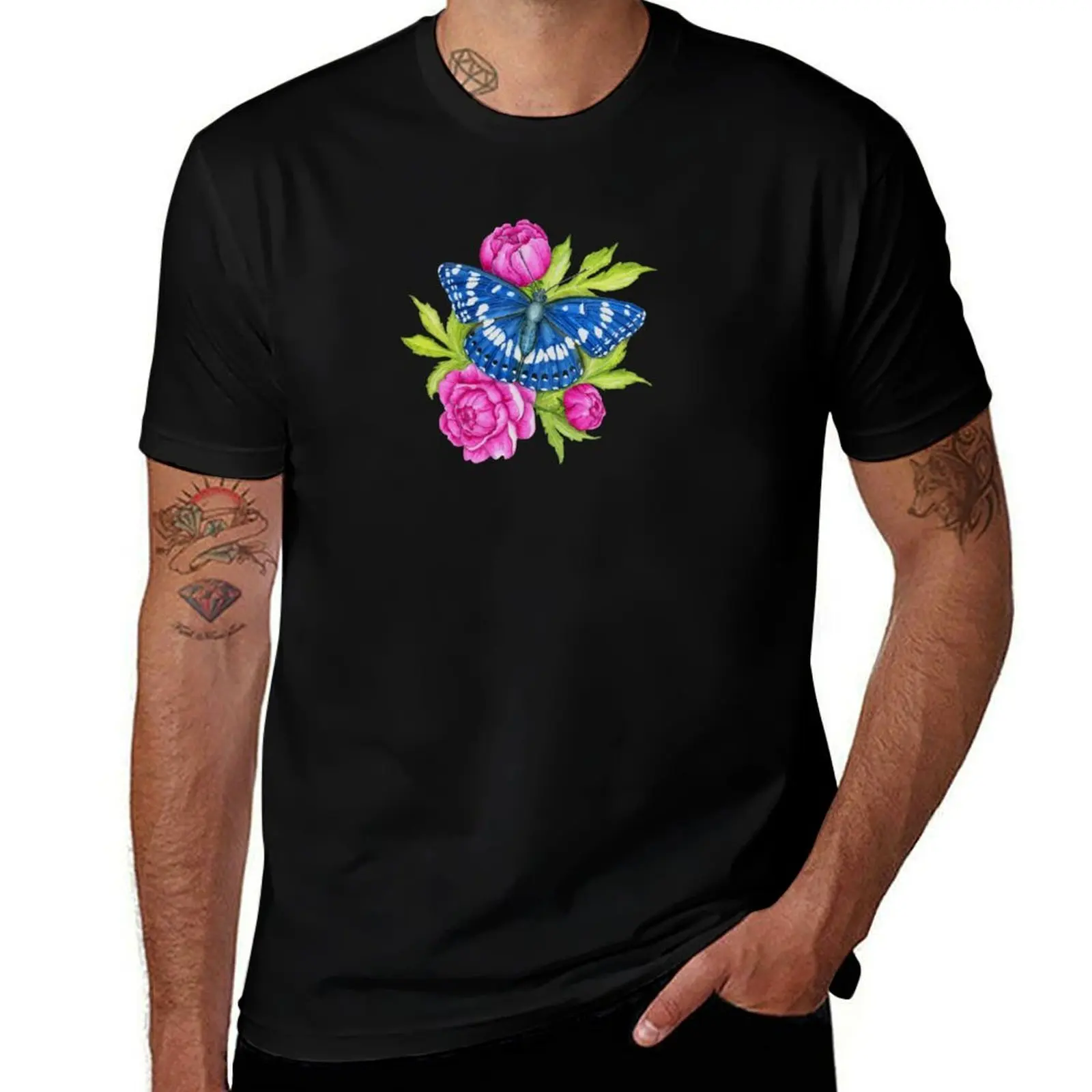 Southern White Admiral butterfly on peonies T-Shirt man t shirts cotton T-Shirt