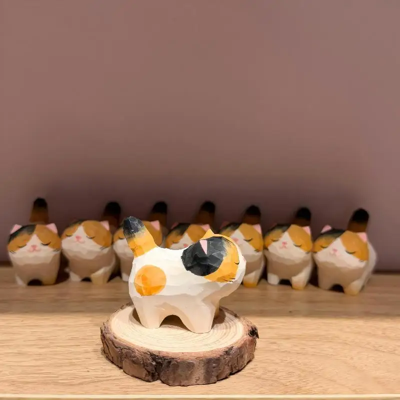 1Pcs Calico Cat Animal Figurines Handcraved Wooden Statue Desk Home Office Decor Gift For Cat Lovers
