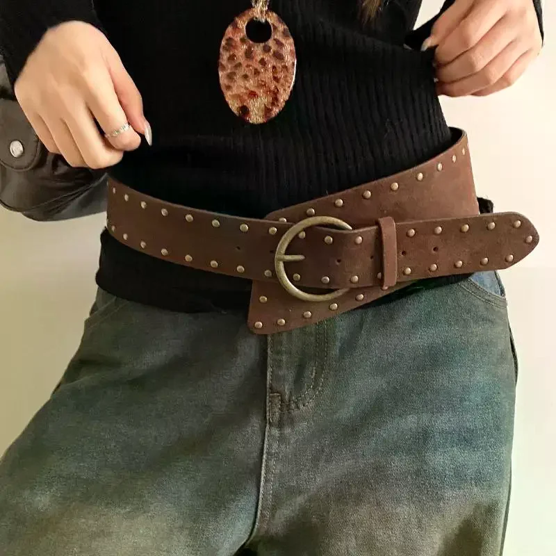 Retro Suede Rivet Belt Punk Gothic Western Cowgirl Wide Cummerbunds Waistband Y2K Irregular Belt