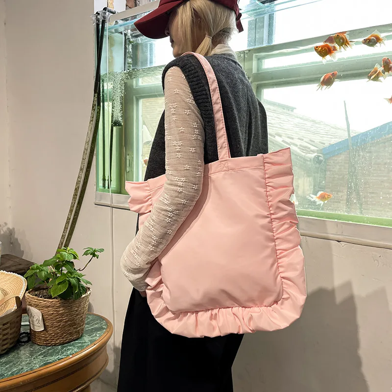 Nylon lightweight cloud lace single-shoulder bag for girls, lace pleated bow waterproof handbag, tote bag