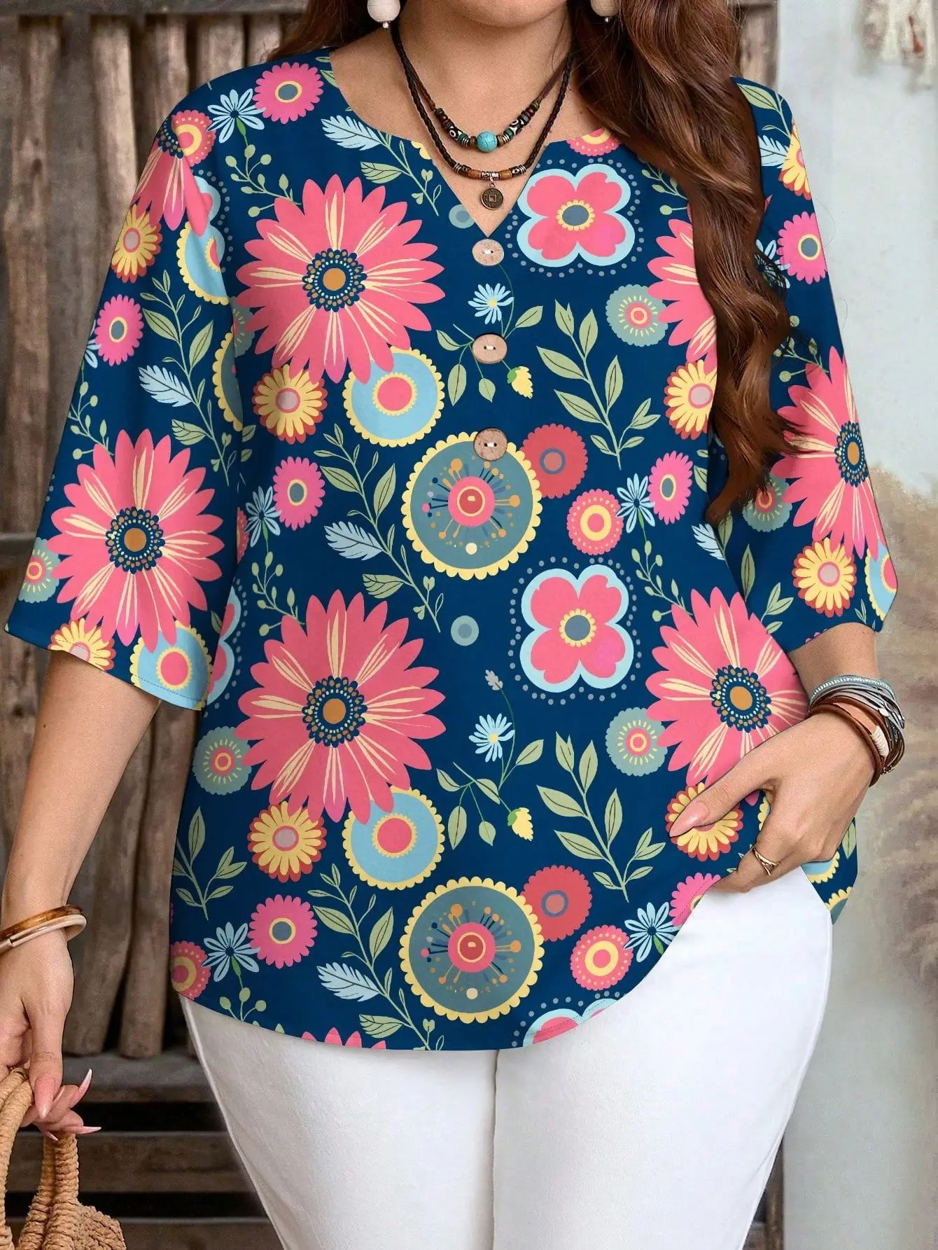 Boho Daisy Tribal Ethnic Ink Floral Print Women Blouse Notch V Neck 3/4 Sleeve Casual Office Tops 5 Patterns Available