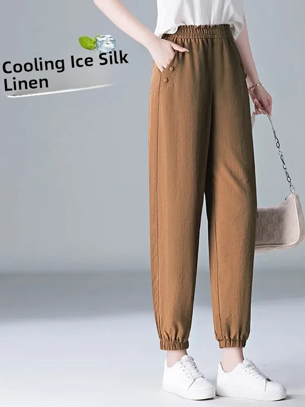 

Удобные летние тонкие брюки из льняной ткани с высокой талией, свободного кроя, в стиле фонарик, повседневные, модные
