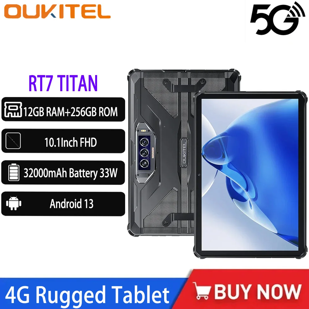 Tablette robuste Oukitel RT7 TITAN 5G, 12 Go + 512 Go, Android 13, �cran FHD 10,1 pouces, appareil photo 48 MP, batterie 32000 mAh, charge rapide 33 W