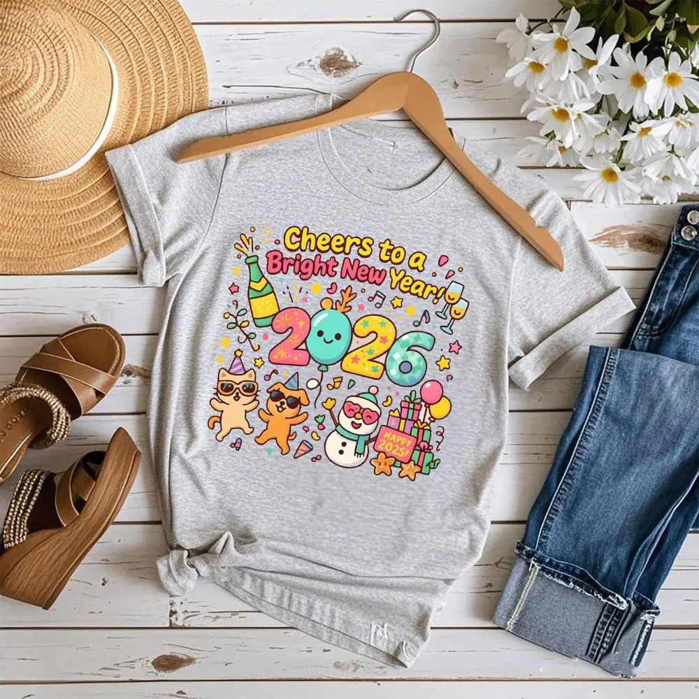 Happy New Year 2026 T Shirt Christmas Unisex Tees Cute Cat Dog Snowman Party Sublimation Design Clothse High Quality Cotton Tops