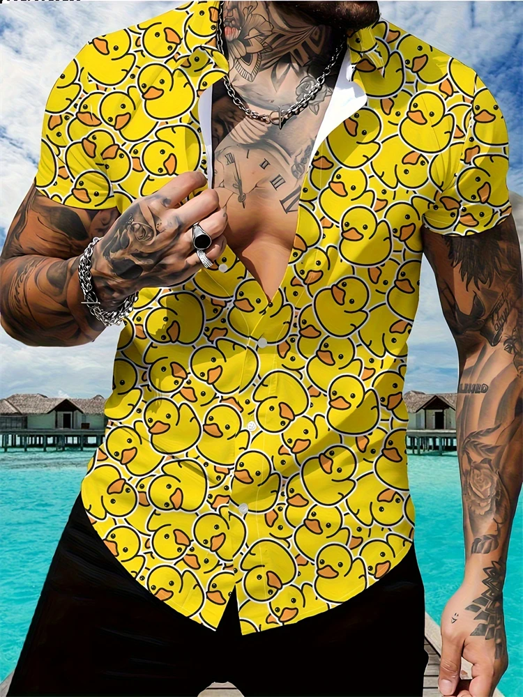 

2025 Summer Men's Short-Sleeved Shirt Fun Little Yellow Duck Print Button-Down Shirt Hawaiian Casual Short-Sleeved Shirt
