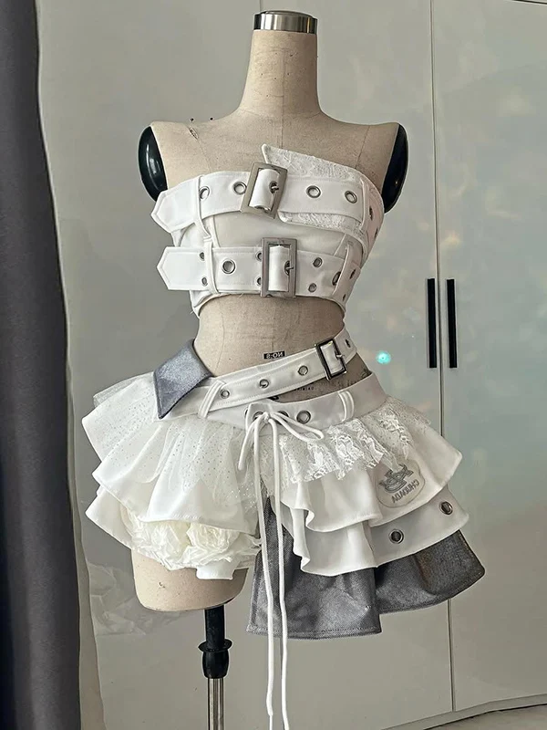 

Y2K Spicy Girl Celebrity Outfit Women's Summer Low Waist Patchwork Two-Piece Set Short Top And Fluffy Short Skirt