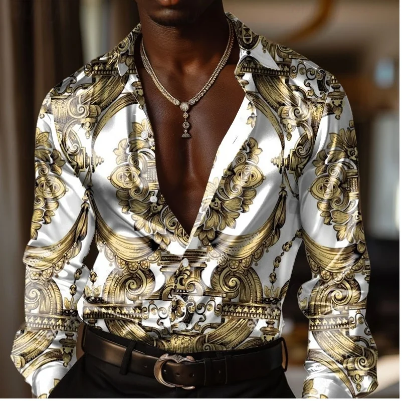 Men's Baroque satin shirt, men's long sleeved fashionable casual formal wear, vacation dinner party, summer spring and autumn co
