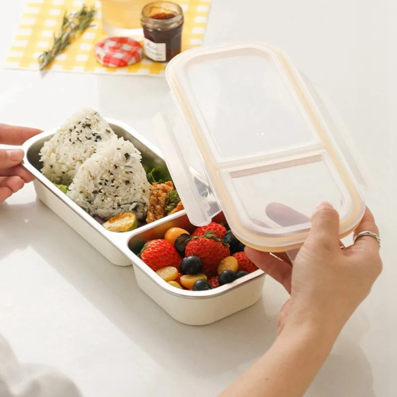 A04G-Bento Box Modern Simple Style-Microwave Safe, Multi-Compartment 2Pc-Stainless Steel& PP Plastic Material