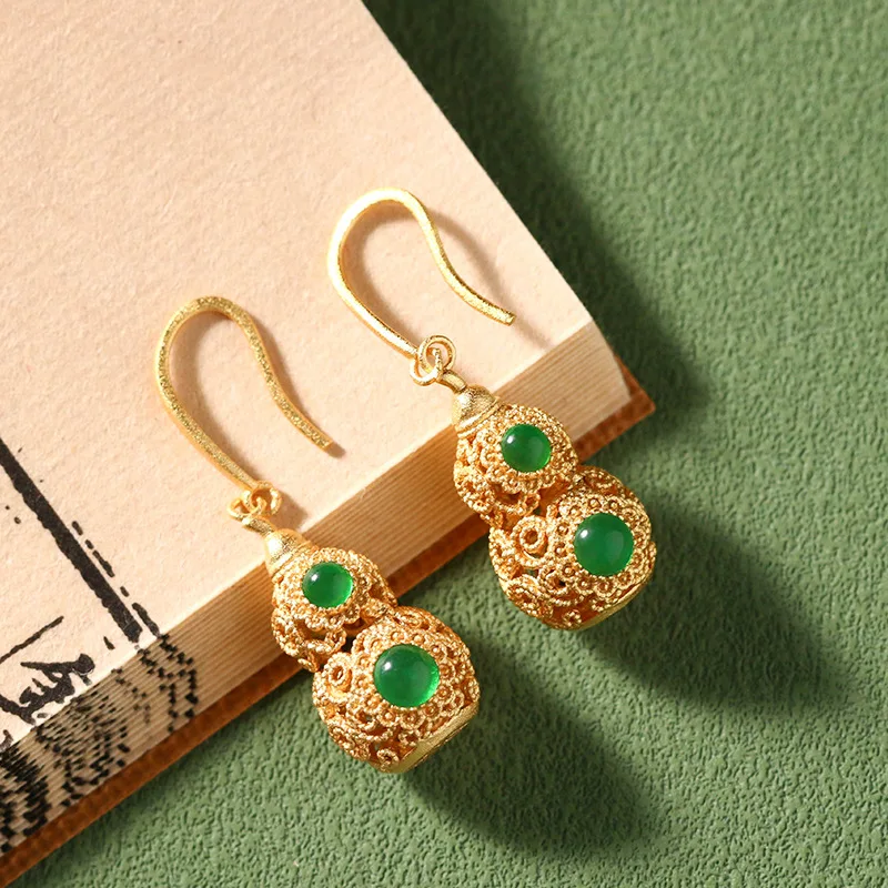 Chinese Style Vintage 24k Gold Plated Gourd Shaped Dangle Earrings Hollow Filigree Craft Inlaid Green Chalcedony Ethnic Hanfu