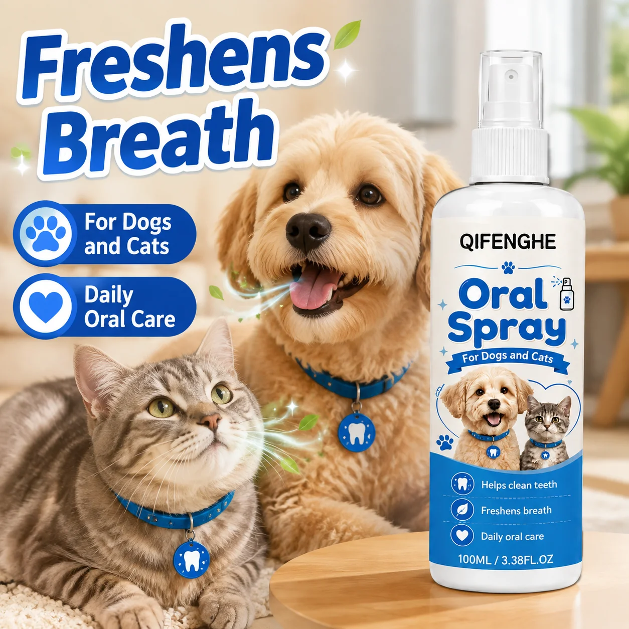 QIFENGHE Pet Oral Spray 100ml for Dogs & Cats, Pet Mouth Freshener Spray, Helps Clean Teeth, Easy Daily Pet Oral Care