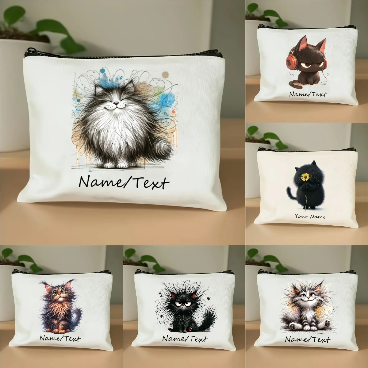Chic Custom Name/Text Vintage Black Cat Makeup Bag Cute Fluffy Cat Floral Design Handbag Cosmetic Pouch Coin Purse Storage Bags