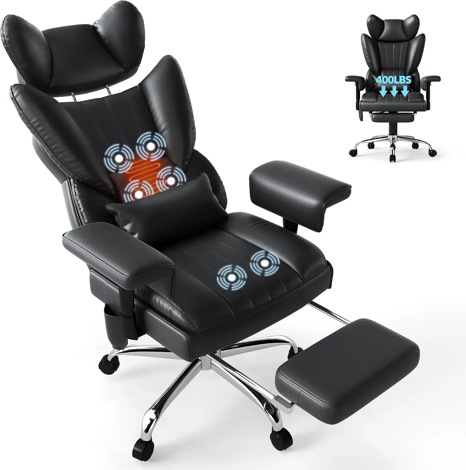 6 Points Massage Office Chair with Foot Rest - 400LBS Executive Office Chair with Adjustable Headrest, Armrest and Lumbar Pillow