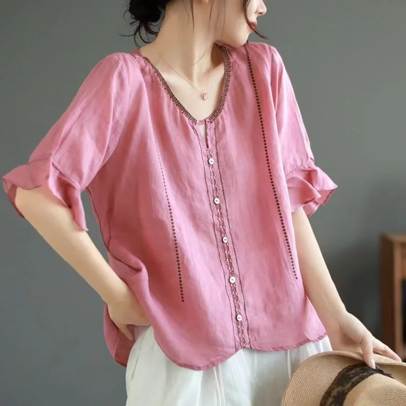 여성용 단추 라운드넥 반팔 블라우스, 패치워크 자수, 루즈한 레트로 민속 셔츠, 단색 패션, 여름 신상, 2024