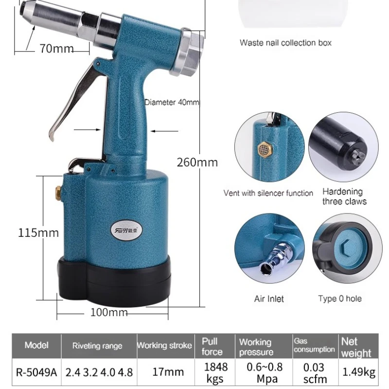 Pneumatic Rivet Gun for Aluminum Doors Windows Core-pulling Rivet Gun Stainless Steel Industrial-Grade Self-Priming Rivet Gun