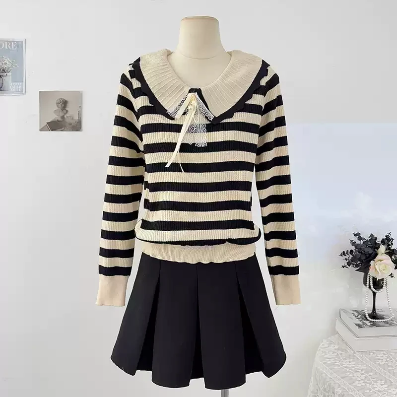 

Милый контрастный цветной полосатый женский трикотаж с длинными рукавами, осенний шикарный свитер с кружевным бантом и воротником Питера Пэна, классические свободные топы в стиле ретро